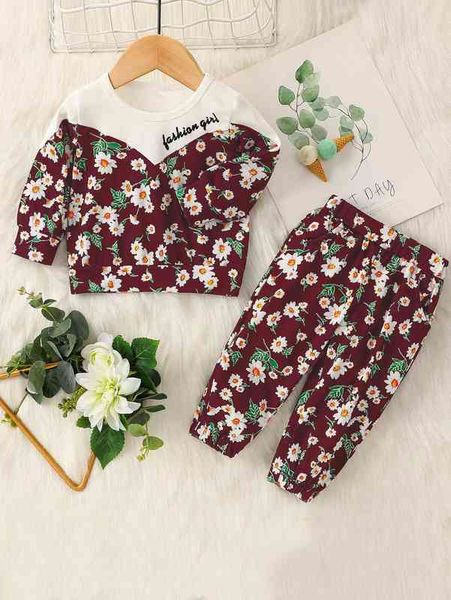 

baby letter embroidery floral print pullover & sweatpants she, White