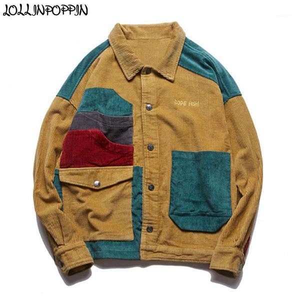 

men's jackets hip hop streetwear men patchwork color 100% cotton corduroy jacket turn down collar vintage mens coat outerwear drop shou, Black;brown