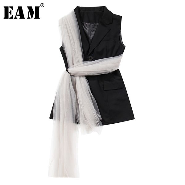 

eam] women loose fit black mesh bandage split joint irregular vest new lapel sleeveless fashion tide spring autumn 2020 1x341 1023, Black;white