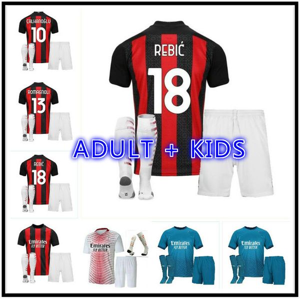 

kids kit ac 2020 2021 ibrahimovic soccer jerseys set 20 21 piatek paqueta theo rebic football shirts men kits uniforms, Black;yellow