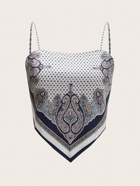 

tied backless hanky hem paisley print cami i6u6#, White