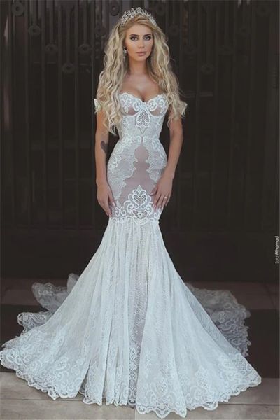 Abiti da sposa eleganti a sirena in pizzo Abiti da sposa lunghi senza spalline senza spalline Appliques Abiti da sposa lunghi arabi Robe de mariage BC11414 0509