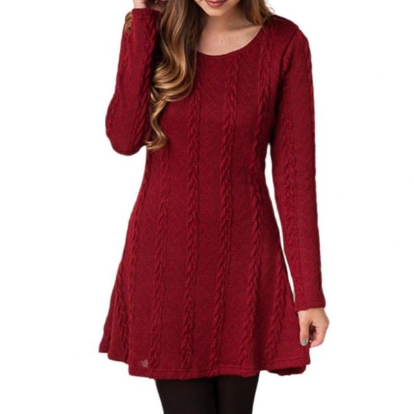 

women knitted dresses autumn winter elegant thick casual long sleeve o neck twist knit a-line sweater dress female clothes, Black;gray