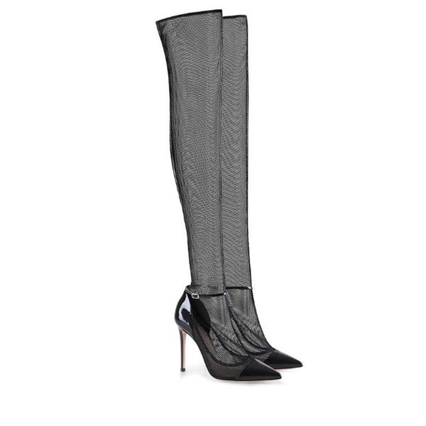 

mesh leather over the knee boots black patent leather high heel thigh high boots pointed toe shoes women zapatos de mujer