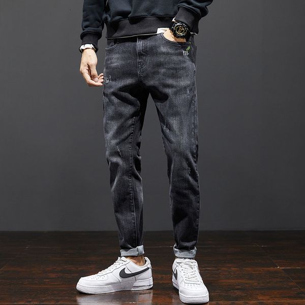 

2021 new newly vintage designer men jeans retro black gray slim fit casual denim fashion streetwear elastic pants 940k, Blue