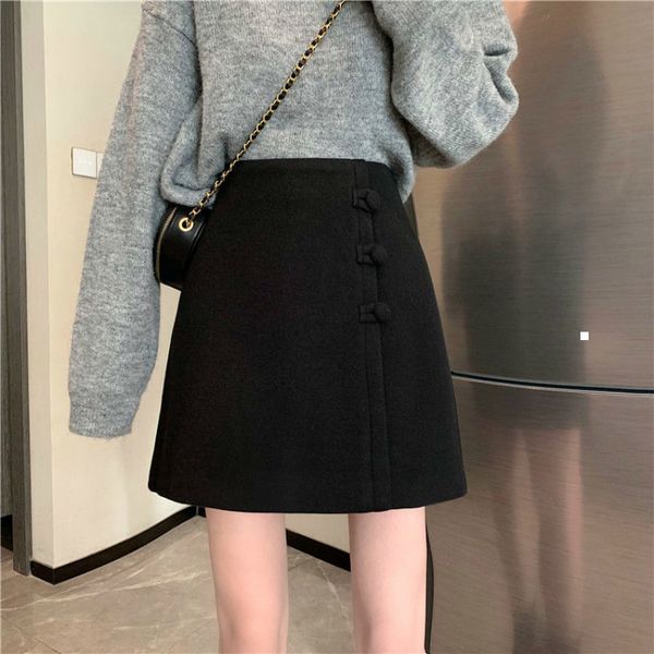 

new 2021 autumn solid winter feminine a-line buckle quality skirts high thin short female skirt y405 yefn k9t2, Black