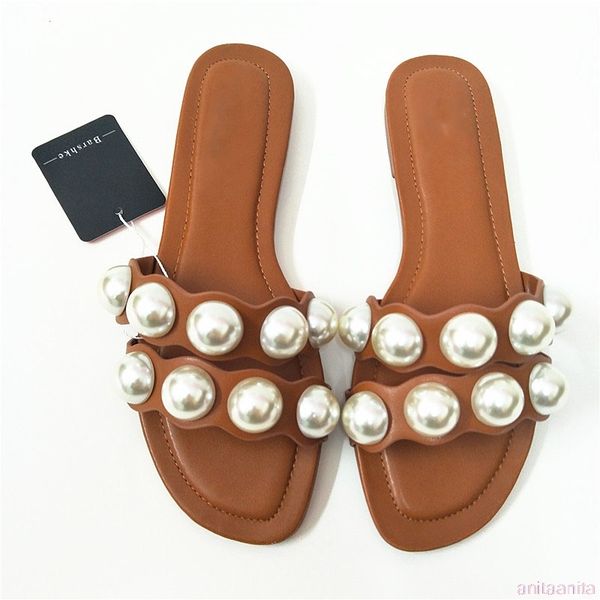 

women's sandals 2020 summer women pearl slippers female rhinestone thong sandals beach shoes women flat heels x1020, Black