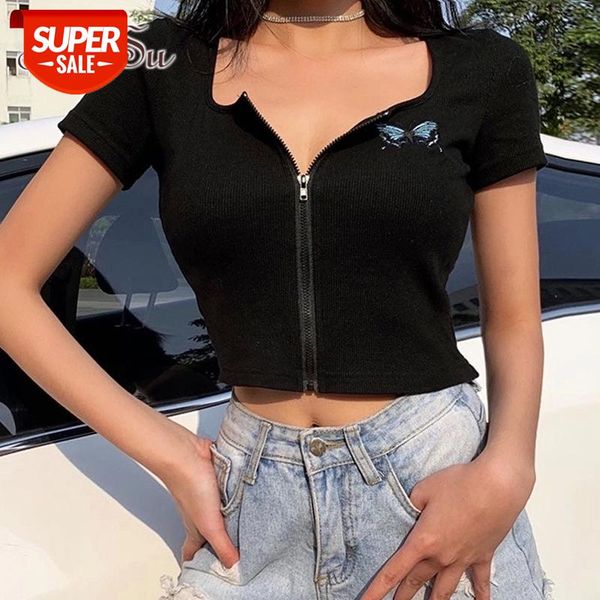 

artsu butterfly black crop square neck front zipper short sleeve tee shirt 2020 summer women streetwear asts21570 #u60y, White