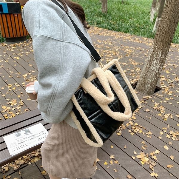 

fashion lambswool women handbag wide strap shoulder bag luxury faux fur pu leather crossbody bag large capacity tote winter 2021