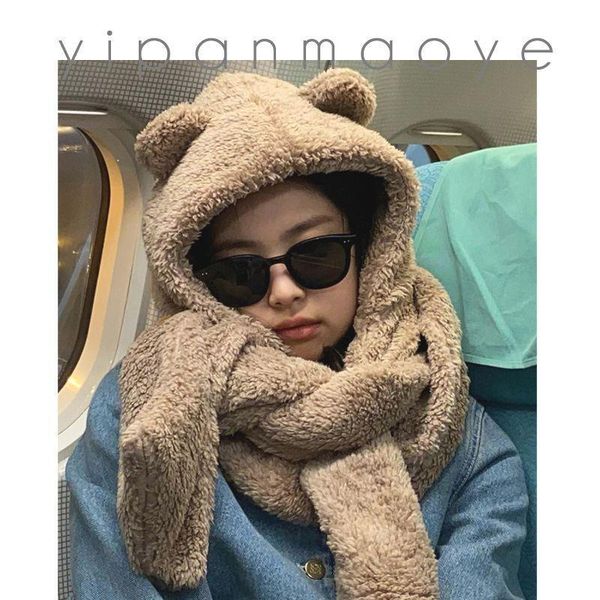 

beanie/skull caps kawaii women hats 2021 thick warm woolen cartoon bear with ears long scarf beanies wind proof solid color plush, Blue;gray