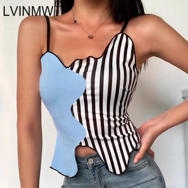 

lvinmw stripped sleeveless backless spaghetti straps crop 2020 summer women patchwork fashion new camisole street1, White