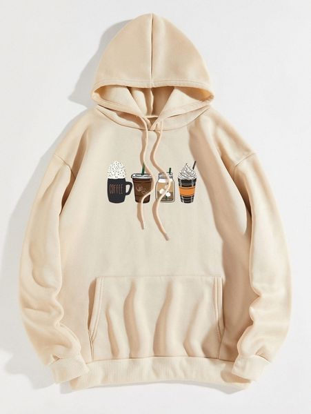 

cup print drawstring thermal lined hoodie h3ra#, White;black