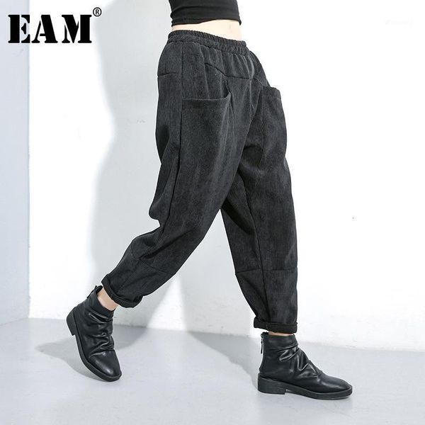 

eam] high elastic waist balck corduroy long harem trousers new loose fit pants women fashion tide spring autumn 2019 1k4411, Black;white