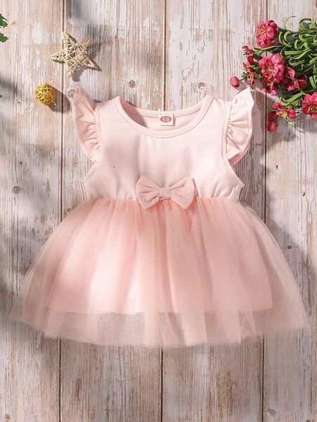 

baby bow front mesh hem dress she, Red;yellow
