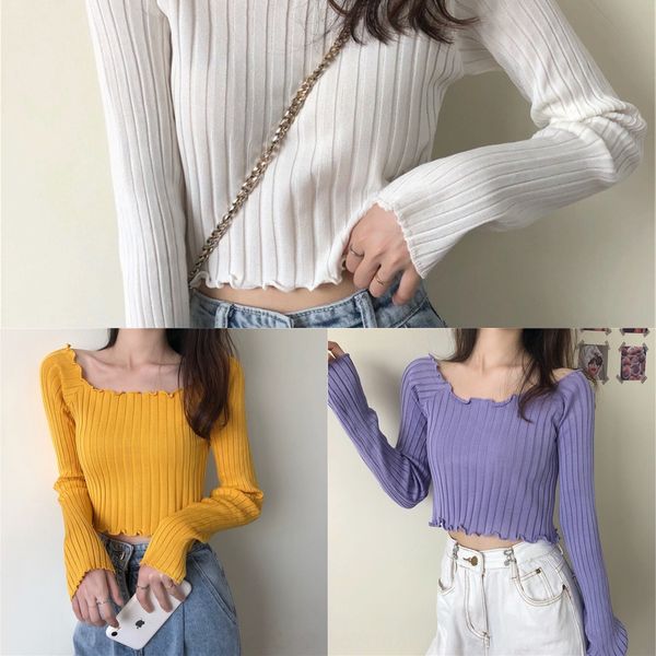 

early autumn 2020 new korean style square neck lace knitted lace sweater open navel slim foreign style with long sleeve sweater inside i9zd6, White;black