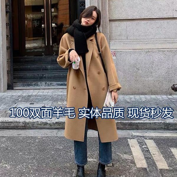

women's wool & blends korean loose camel double faced cashmere overcoat mid long autumn and winter tweed women, Black