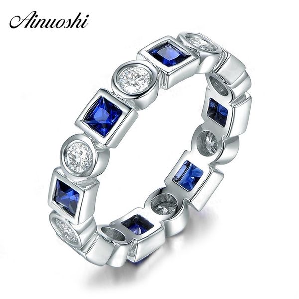 Ainuoshi princesa corte anel eternidade quadrado azul whtie stone 925 esterlina anel de prata para mulheres noivado casamento amante presentes y200106