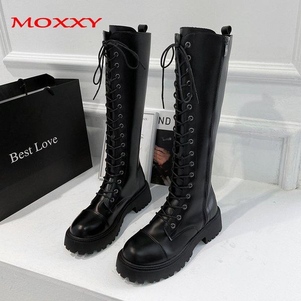 

2020 осень узелок knee high boots женщины высокая платформа готические обувь черная кожа punk сапоги женская обувь мода длинные, Black