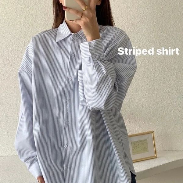 

2021 new blue stripped down lady fashion long spring sleeves vintage shirts button women's clothes 1fgb, White