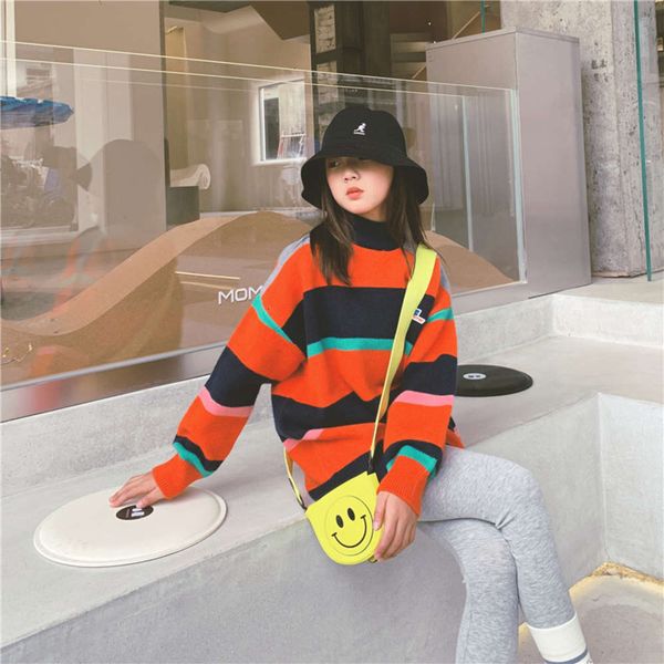 

and winter new korean zhongda autumn girls' wide stripe mid length magenta children's sweater, Blue