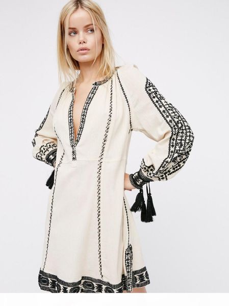 

fashion national retro style summer dress women boho dress embroidery tassel loose hippie chic beach dress vestidos, Black;gray