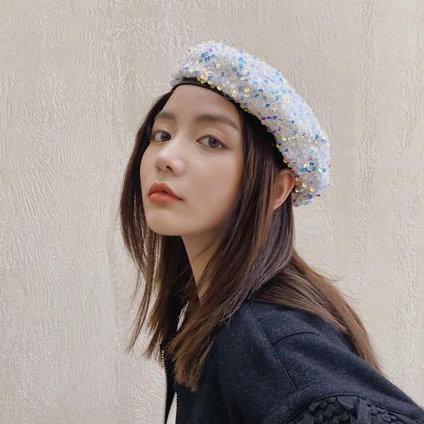 

&dolphin fashion women korean beret british sequin embroidery painter hat artist cap girls white black bling beanie hat, Blue;gray