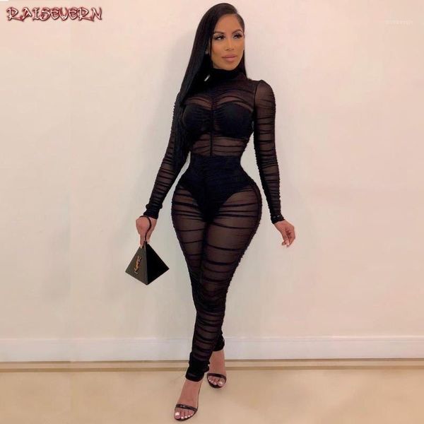 

raisevern 2020 women sheer mesh jumpsuit long sleeve turtleneck skinny bodycon through ruched party club overalls outfits1, Black;white