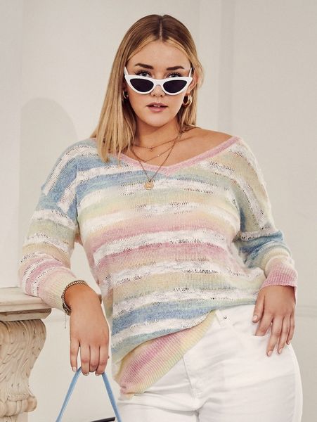 

plus rainbow striped pattern drop shoulder split hem sweater p3jx#, Black