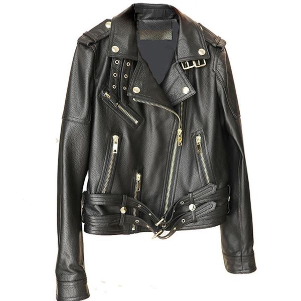 

women's leather & faux genuine jacket women real sheepskin ladies coat 2021 autumn winter motorcycle biker outwear clothing, Black