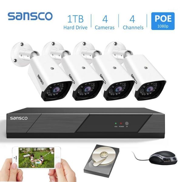 

systems sansco 4ch nvr recorder 2mp poe security camera system with 4x 1080p ip ir outdoor waterproof cctv video surveillance set1