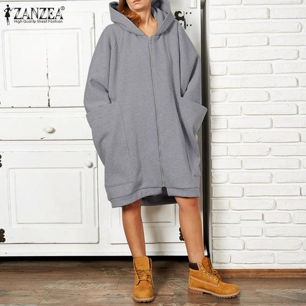 

fashion hooded hoodies women's sweatshirts zanzea 2020 casual zipper pullover female long sleeve outwears solid windbreakers 5xl, Black