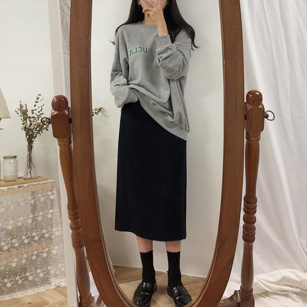 

s xl black brown mid calf women skirt vintage autumn straight skirt long office lady high waist girls skirts femininas g6091