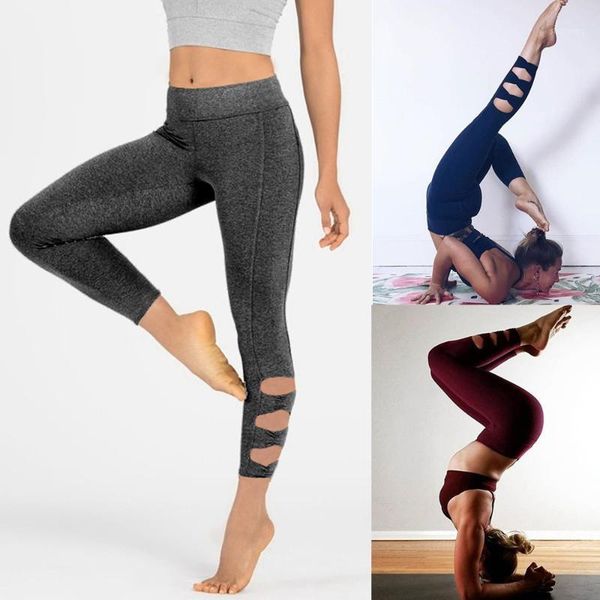 

yoga outfits women's solid hollow-out pleated buttock lift seven-point pants tracksuit leggings sports gym running athletic pants1, White;red