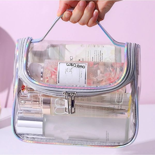 

fashion transparent laser travel makeup bag women handbag zipper wash organizer storage beauty make up waterproof cosmetic case y200714, Blue;pink