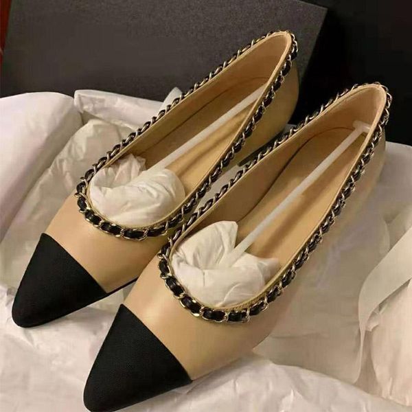

chains design women shoes 2020 elegant pointed toe flats shoes woman loafers slip on zapatos de mujer pachwork chaussures femme, Black