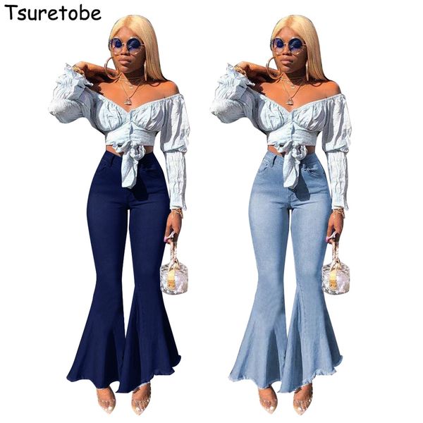 

tsuretobe plus size flare jeans women vintage high waist jeans ladies tassel bell bottom jeans slim stretch denim wide leg pants 201012, Blue