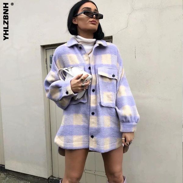 

women's wool & blends yhlzbnh winter women sweet plaid woolen shirt jackets fashion pockets turn-down collar check jacket girls chic co, Black