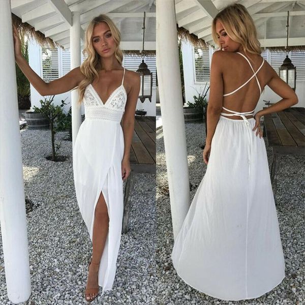 

summer women boho sleeveless v neck hollow out backless cross bandage high waist slim beach evening party sling maxi dress, Black;gray