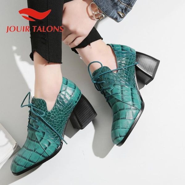 

jouir talons 2020 genuine leather women boots platform square heels square toe cross-tied spring/autumn woman shoes1, Black