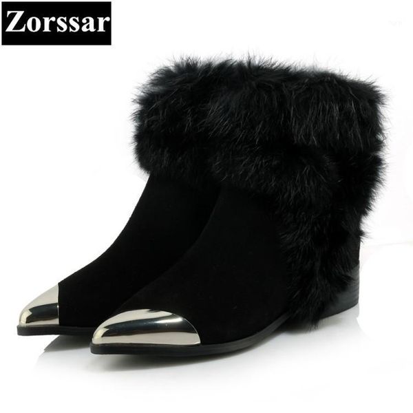 

{zorssar} 2020 new classic winter plush women boots suede ankle snow boots female warm fur women shoes pointed toe flat1, Black
