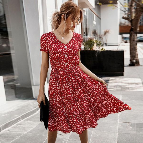 

2020 summer v-neck print ruffle cotton dress short sleeve party holiday elegant long dress red vestido bohemian chic1, Black;gray