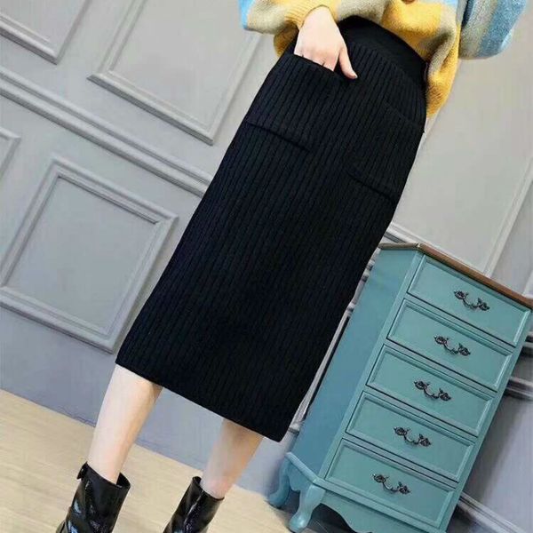 

2021 new winter fall women's knitted skirts high pencil elegant double pockets bodycon skirt midi y331 h79k, Black
