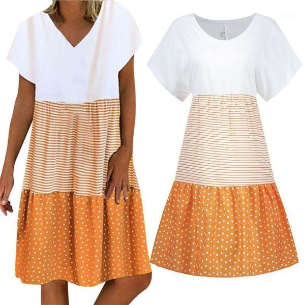 

2020 women summer bohemian short sleeve midi dress color block polka dot striped patchwork v-neck loose beach sundress s-5xl1, White;black