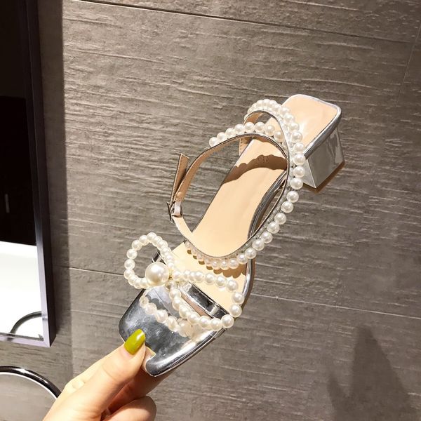 

2021 new handmade pearl frisked arc robust heel sandals 57ow, Black