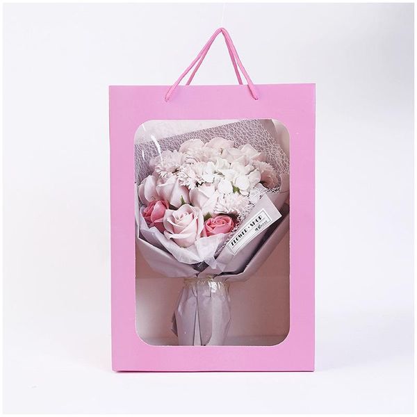 

gift wrap 5pcs valentine's day pink flower handbags transparent bouquet bag wedding candy paper box packaging dragee wrapping