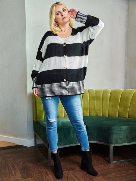 

plus color block drop shoulder cardigan 30xd#, Black