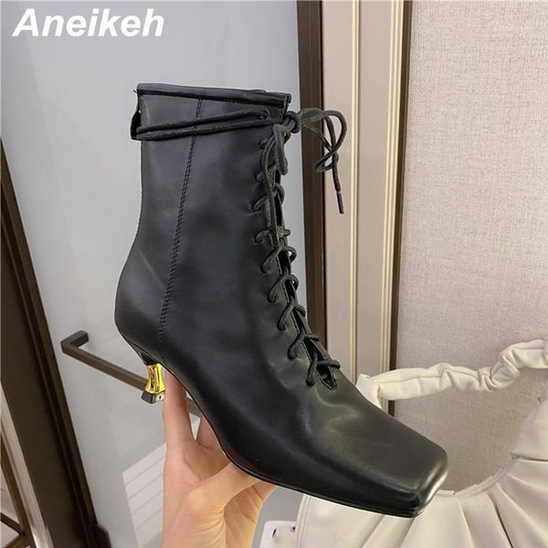 

boots aneikeh 2021 spring/autumn punk fashion motorcycle cross-tied narrow band zipper square toe thin heels women's shoes1, Black