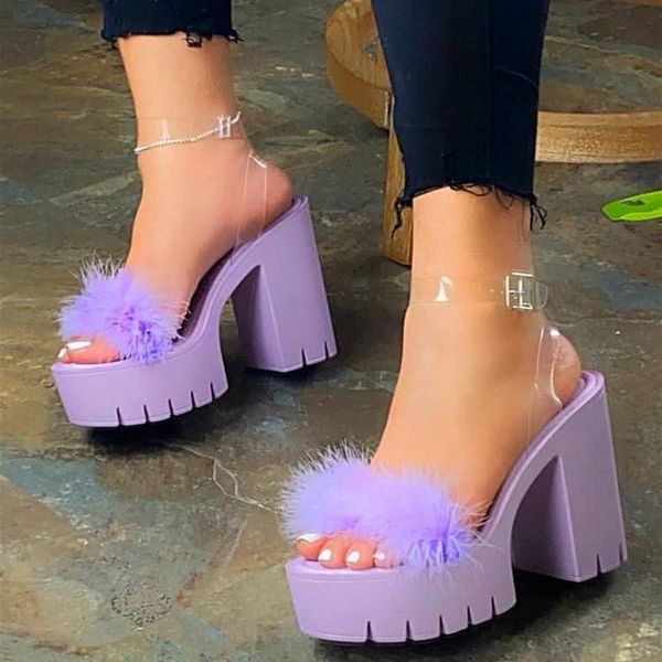 

sandals 2021 fashion summer women's high heels european and american fish mouth thick heel fluffy shoes women size43, Black