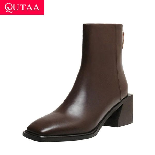 

QUTAA 2021 Cow Leather Autumn Winter Ankle Boots Square High Heel Ladies Shoes Retro Square Toe Zipper Women Boots Size 34-43, Black