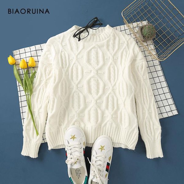 

women's sweaters biaoruina solid color loose basic all-match twist knit pullover round neck autumn winter warm thick fashion sweater, White;black